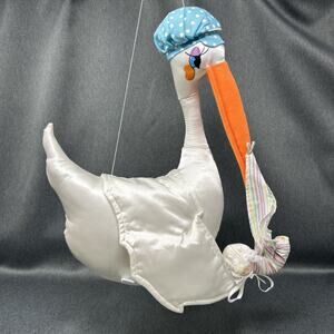 Vintage Russ Berrie Special Delivery Stork 15" Plush Satin Hanging Newborn Gift